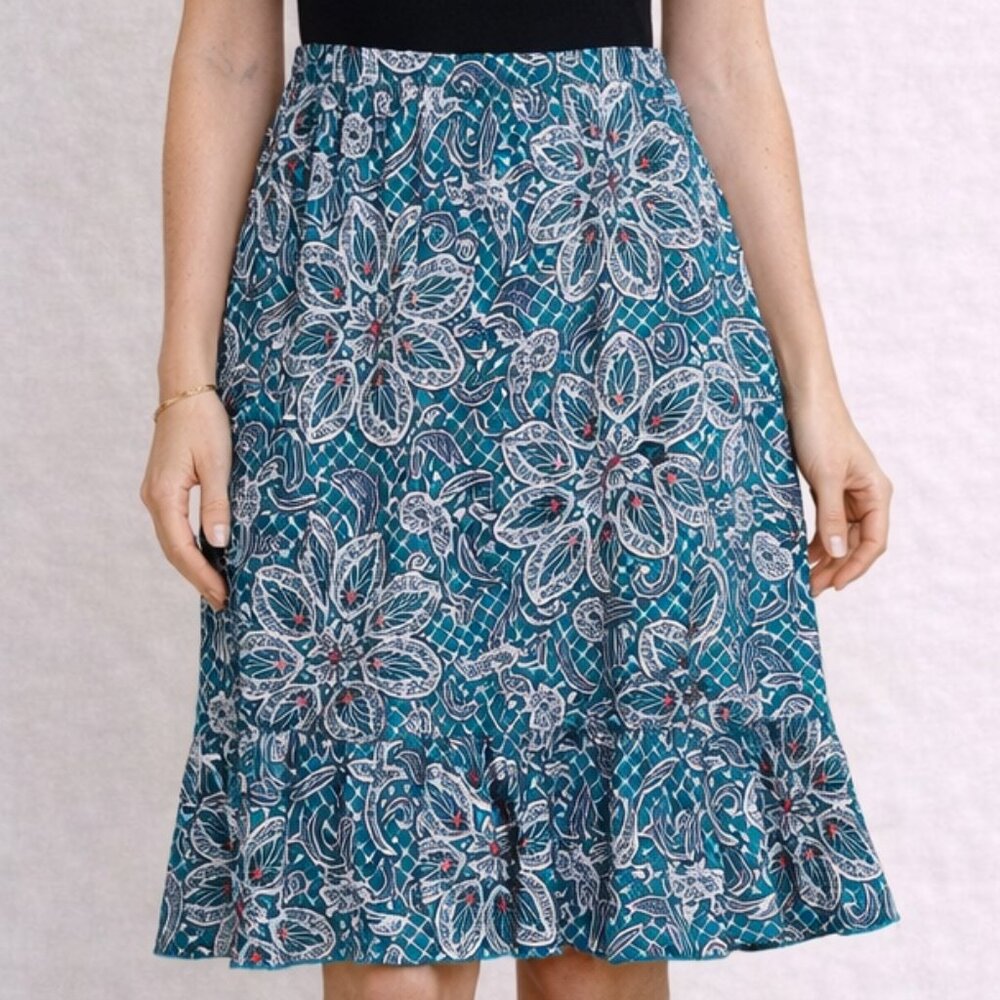 SJS Teal Blue White Pink Floral Skirt Elastic Waist Women's Medium